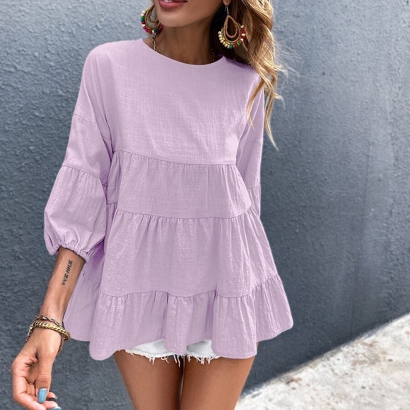 Tops - Boho Layered Ruffle 3/4 sleeve Oversized Top Lilac